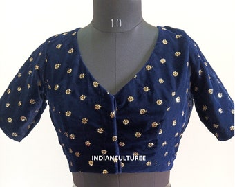 Handmade Velvet Sequin Indian Blouse, V Neck, Elbow Sleeves