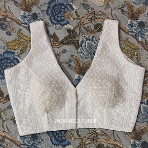 Designer V neck Chikankari Georgette Sleeveless Blouse With Soft Pad - Saree Blouse - Aveilable in populr colors !! Free Shipping !!