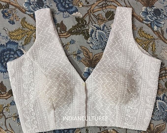 Designer Chikankari Georgette Blouse - V Neck Saree Top, with soft pad