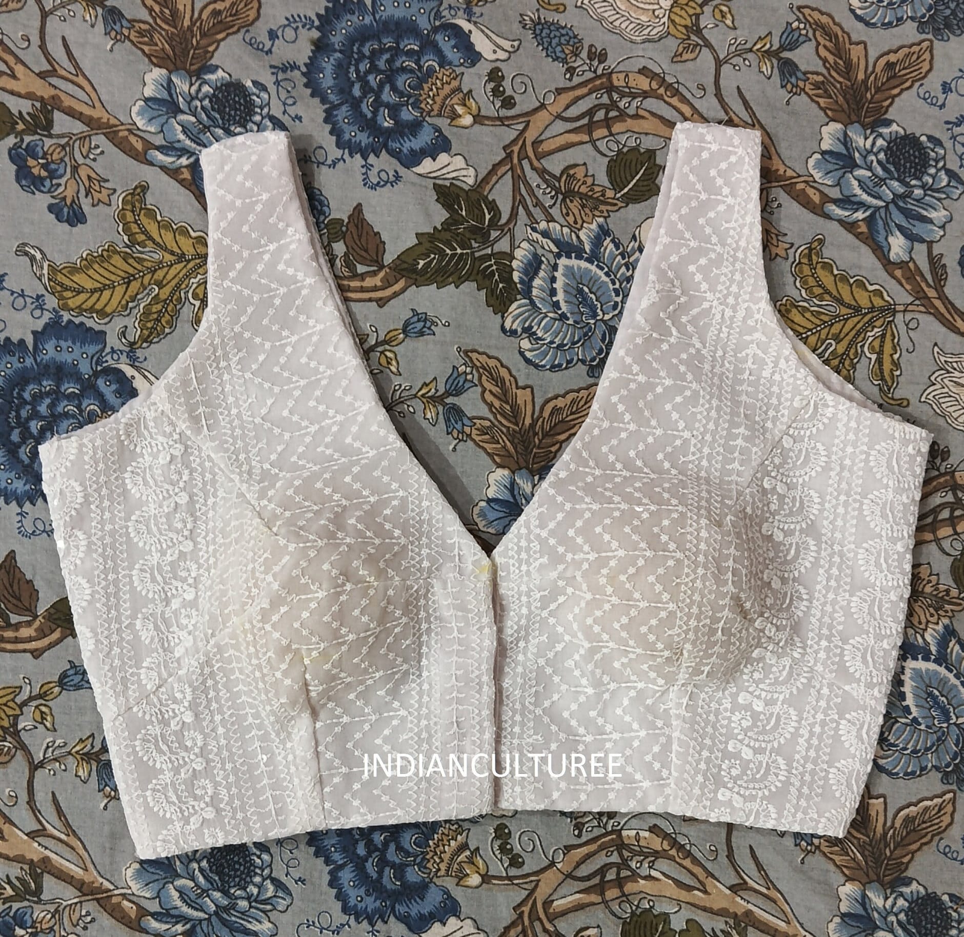 Designer Chikankari Georgette Blouse - V Neck Saree Top, with soft pad