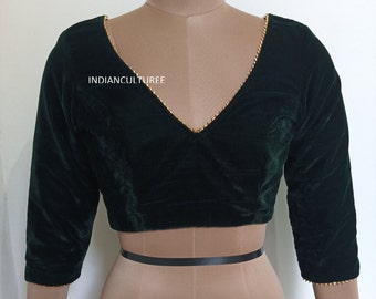 Handmade Velvet Sari Blouse, Golden Zari Lace, V Neck, 3/4 sleeves