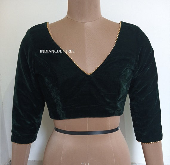 Handmade Velvet Sari Blouse, Golden Zari Lace, V Neck, 3/4 sleeves