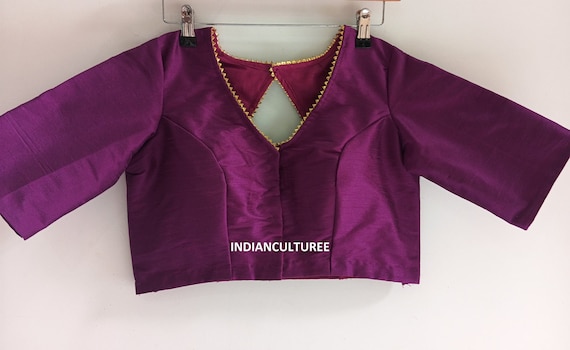 Purple Silk Sari Blouse — V-Neck with Lace | Elbow Sleeve Choli | Indian Bridal & Partywear Blouse