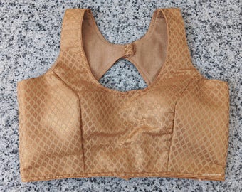 Golden Chanderi Silk Blouse | Handwoven Buti Motif, Back Cutout