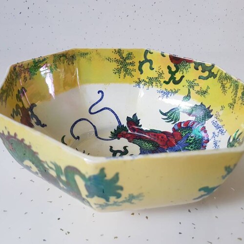Bursley Ware' Octagonal Arts & Crafts Ceramic Bowl. Featuring shops Frederick Rhead's Dragon. Circa 1923