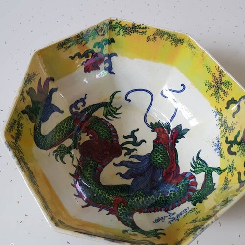 Bursley Ware' Octagonal Arts & Crafts Ceramic Bowl. Featuring shops Frederick Rhead's Dragon. Circa 1923