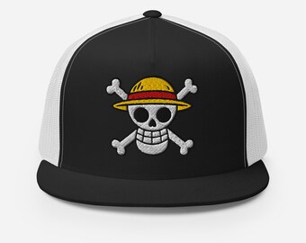 One Piece Hat Anime Cap, Straw Hat Pirate Skull Hat, Luffy Inspired Streetwear, Gift for Anime Fan, Trucker Cap