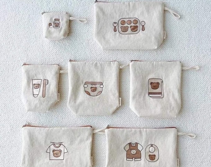 Neutral Baby Diaper Bag Organizers: Embroidered Canvas Pouches, Set of 7