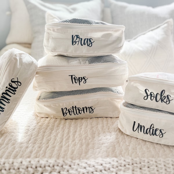 Embroidered Travel Packing Cube Set, Cotton Mesh Organizers, Labeled Bags