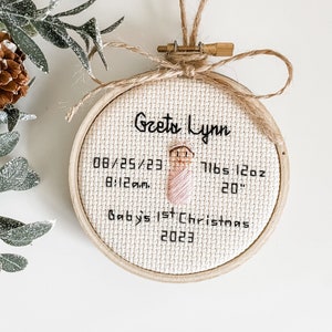 baby’s first christmas ornament, birth stat ornament, new baby gift, baby keepsake, custom cross stitch portrait, personalized baby ornament