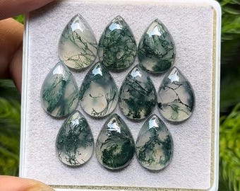 Cabochões de ágata musgosa com pera: pedra preciosa de 10 x 14 mm com fundo plano - lote com 10 peças