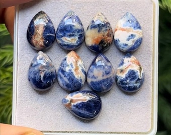 Natural Sodalite Cabochons Pear shape Flat Back Gemstone size - 10x14 mm, 9 Piece Lot
