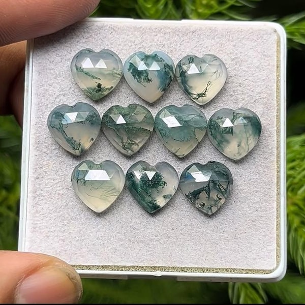 Moss Agate Heart Cabochons: Rose Cut, 10x10mm, 10 Piece Lot