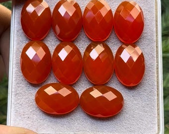 Orange Chalcedony Oval Cabochons: Flat Back Checker Cut, 10x14mm, 10 Piece Lot