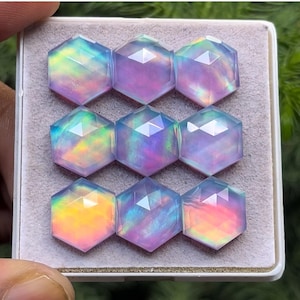 AAA-Qualitäts-Pink Aurora-Opal mit natürlicher Himalaya-Kristall Doublette Flachrückseite Rose Cut Scheibe Hexagon-Form, Größe- 12 x 12 mm, 9 Stück viel