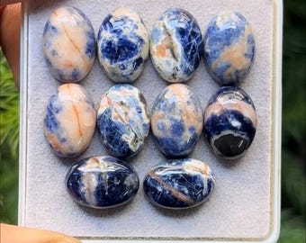 Natural Sodalite Cabochons Oval shape Flat Back Gemstone size - 10x14 mm, 10 Piece Lot
