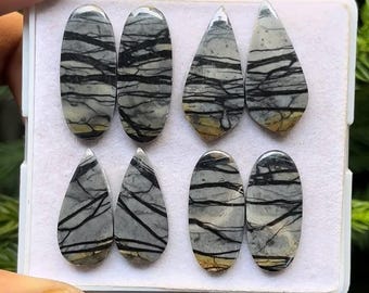 May include: Eight polished gemstone cabochons in various shapes: oval, teardrop, and pointed teardrop. The stones feature a gray base color with striking black veining patterns. The cabochons are displayed in a white tray, showcasing their natural beauty.
