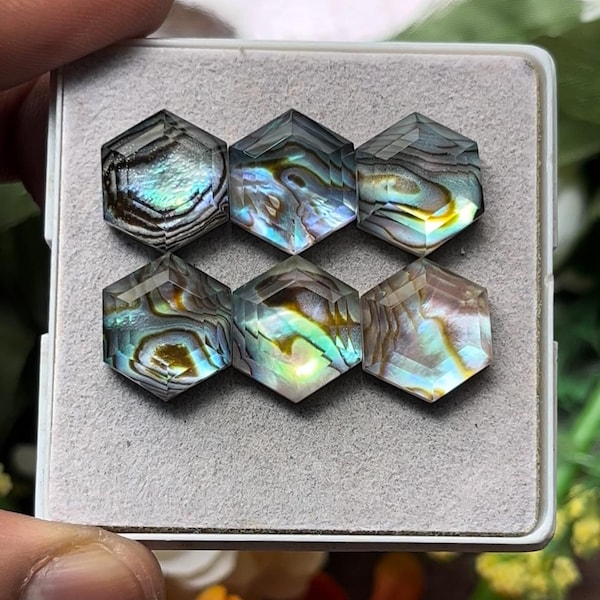 Natural Abalone Shell With Himalayan Clear Quartz Doublet Flat Back Step Cut Slice Hexagon Shape, Size- 12x12 mm , 6 Piece lot