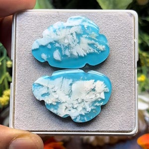 Könnte beinhalten: Zwei polierte, wolkenförmige Cabochons mit einer leuchtend türkisblauen Basis und komplexen, verzweigten weißen Mineralieneinschlüssen. Diese glatten Steine mit flacher Rückseite sind zusammen in einem quadratischen, grau ausgekleideten Behälter.