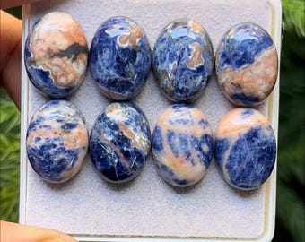 Natural Sodalite Cabochons Oval shape Flat Back Gemstone size - 12x16 mm, 8 Piece Lot
