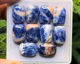 Sodalite Cabochons - Long Cushion Flat Back Gemstones, 10 Piece Lot (10x14 mm)