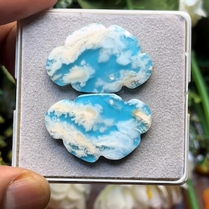 Könnte beinhalten: Zwei wolkenförmige Cabochons aus blau-weißem Stein. Jedes Stück hat eine leuchtend himmelblaue Basis mit komplizierten, federartigen weißen Einschlüssen, die an zarte Wolken erinnern. Die Steine sind poliert, glatt und in einer quadratischen Schachtel präsentiert.