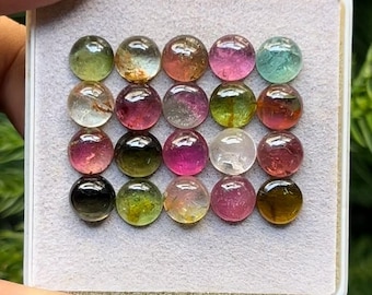 Naturliga multiturmalin-cabochoner med platta baksidor, lösa ädelstenar, runda, storlek 7 x 7 mm, 20 st.