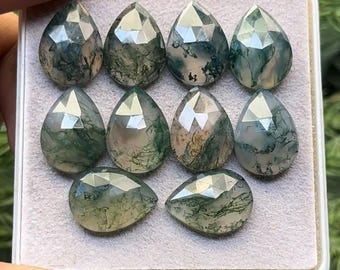 Moss Agate Pear Cabochons: Flat Back Rose Cut (10x14 mm, 10 Piece Lot)