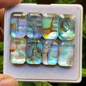 Può includere: Otto cabochon rettangolari in conchiglia di abalone con motivi iridescenti blu, verdi e marroni. Le pietre lucide sono disposte in un vassoio bianco, mostrando la loro bellezza naturale e le loro trame uniche. Ideali per la creazione di gioielli.