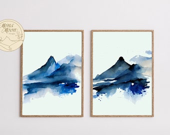Set of 2 Prints, Watercolor Mountain Wall Art, Blue Mountains Art, Landscape Wall Art, Abstract Wall Art, Boho Abstract Wall Art