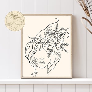 Line Art Print Woman With Flower, Minimalist Wall Art, Woman Line Art Printable, Woman Line Art, Abstract Art, Bedroom Decor Printable Art
