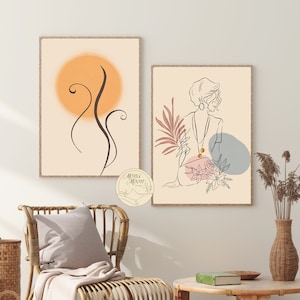 Set of 2 prints Neutral Boho, Terracotta Wall Art, Mid Century Modern Print, Bohemian Decor, Woman Line Art, Boho Abstract Wall Art Prints