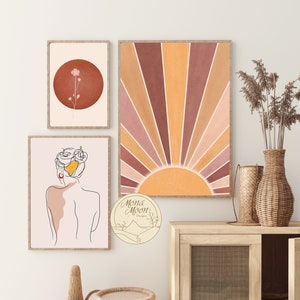 Woman Line Art, Boho Sunrise, Mid Century Modern Print, Terracotta Wall Art, Bohemian Wall Art, Woman Print , Gallery Wall Set of 3