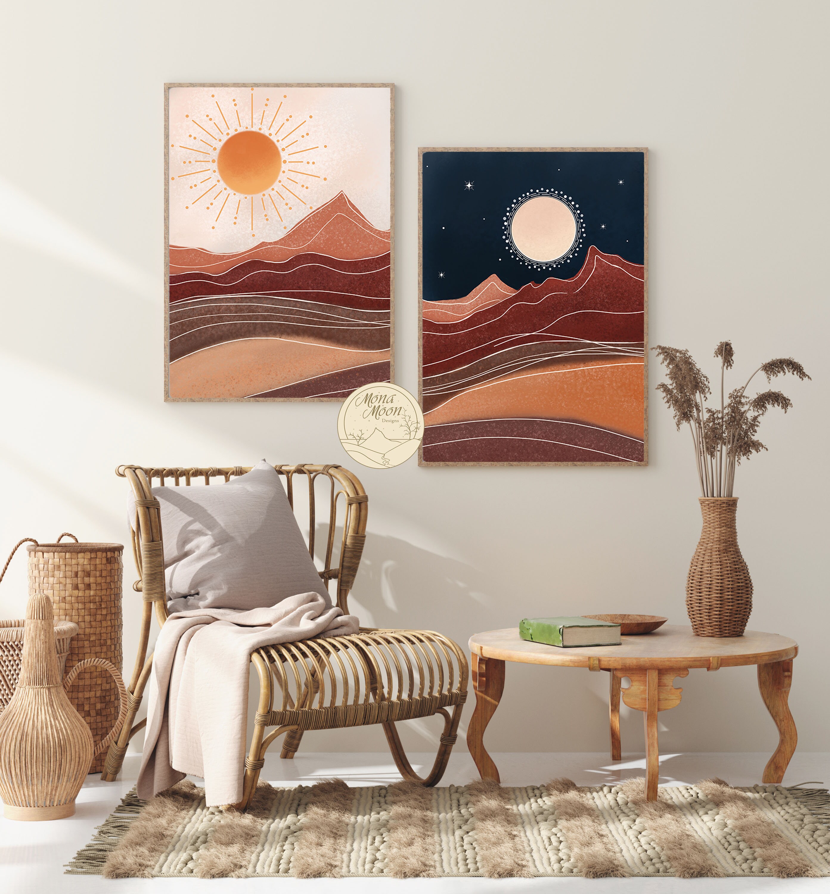 Terracotta Moon and Sun Mountain Wall Art Set of 2 Prints | Etsy
