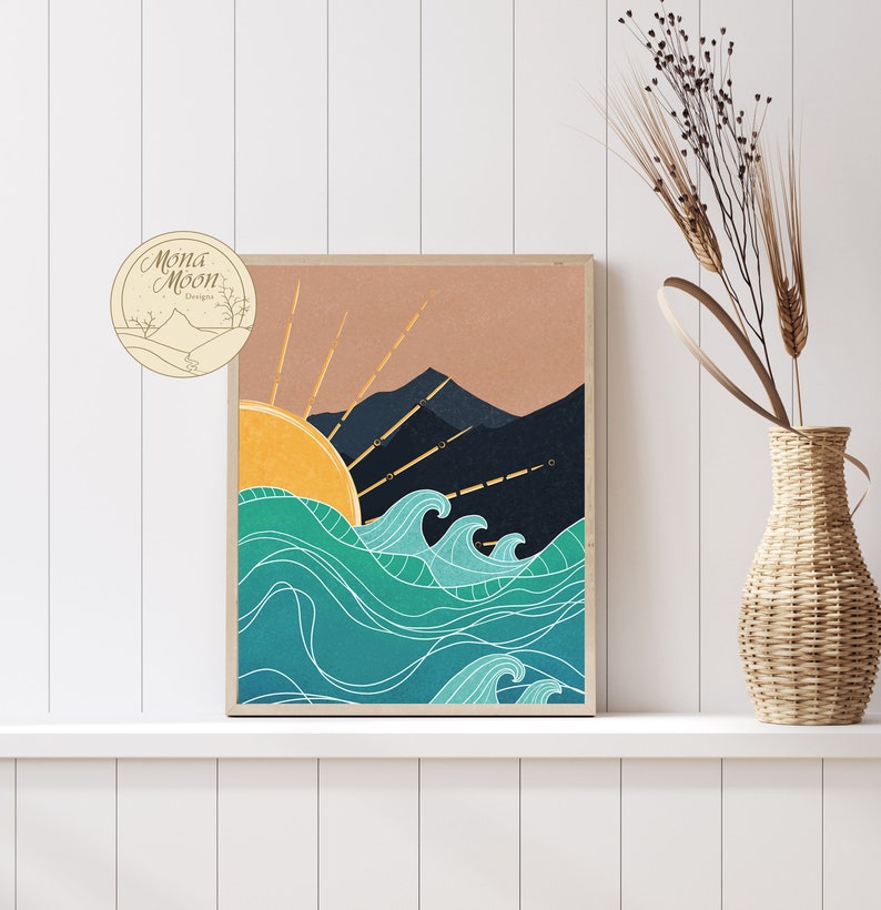 Sunset in Sea Wall Art, Boho Wall Art, Sea Print, Mid Century Modern