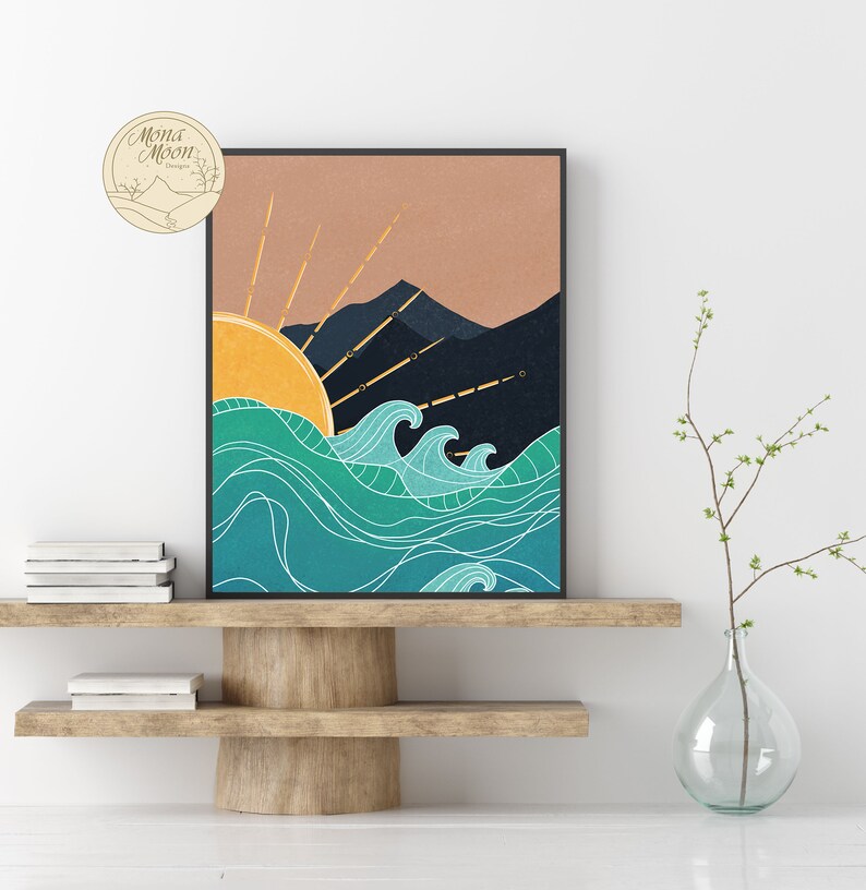 Sunset in Sea Wall Art Boho Wall Art Sea Print Mid Century Etsy