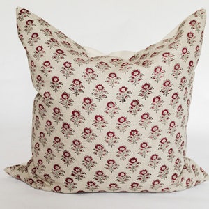 Floral hand block print linen pillow cover beige | vintage red rust flower