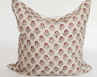 Floral hand block print linen pillow cover beige | vintage red rust flower