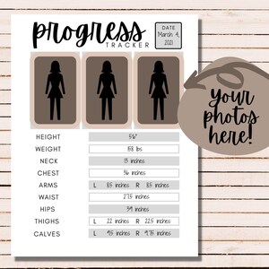 May include: A progress tracker with three silhouette images of people, a date of March 4, 2021, and a table with measurements for height, weight, neck, chest, arms, waist, hips, thighs, and calves. The table includes measurements in inches and pounds.