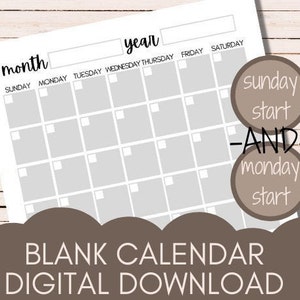 Printable blank calendar, blank calendar template, calendar PDF, Sunday start, Monday start, digital download, fillable, minimalistic