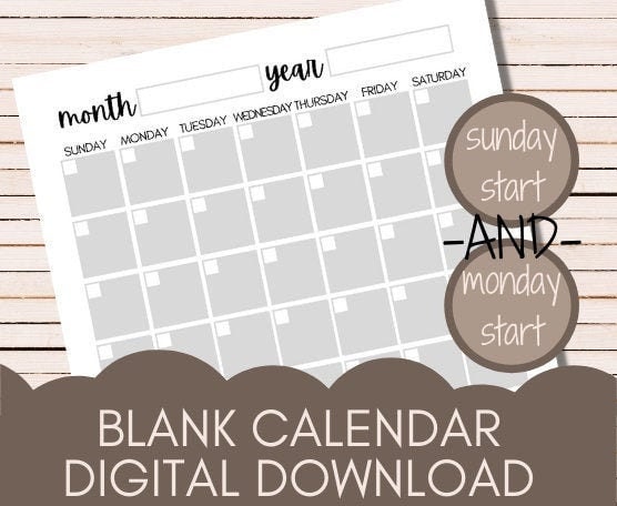 Printable Blank Calendar, Blank Calendar Template, Calendar PDF, Sunday ...