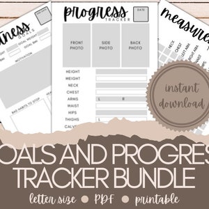 Puede incluir: Paquete de rastreadores de fitness imprimibles con un diseño gris y blanco. El paquete incluye un rastreador de objetivos de fitness, un rastreador de progreso y un rastreador de medidas. El texto "descarga instantánea" está en un círculo marrón.