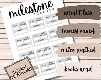 May include: Printable milestone tracker with a brown and beige color scheme. The tracker has sections for weight loss, money saved, miles walked, and books read. Each section has a table with columns for goal, date reached, and reward.