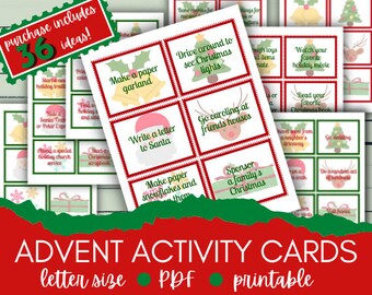 May include: Advent activity cards with Christmas-themed ideas. The cards feature illustrations and text prompts for holiday activities like making paper garlands and writing letters to Santa. The image includes the text "Purchase includes 36 ideas!" and "Advent Activity Cards".