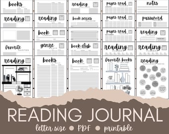 May include: Printable reading journal pages in black and white with a gray background. The pages include sections for books, reading goals, book series, pages read, favorite quotes, genre goals, book club, book reviews, favorite books of all time, reading challenges, and reading planner.