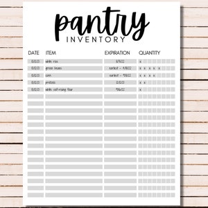 May include: A printable pantry inventory list with columns for date, item, expiration date, and quantity. The list includes items such as white rice, green beans, corn, pretzels, and white self-rising flour.