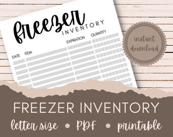 May include: Printable freezer inventory list with columns for date, item, expiration date, and quantity. The text "freezer inventory" is written in black cursive at the top of the page. The text "instant download" is written in white on a brown circle.
