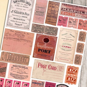 Afdrukbaar collagevel vintage tickets | junk journal kit Ephemera-pakket | postzegels reizen transport advertenties | digitaal rood roze pagina's papier