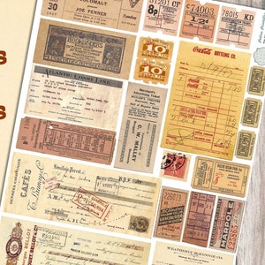 Vintage ephemera, neutral, ephemera, pack, printable, stamps, tickets, labels, checks, digital, invoices, junk journal, kit, vintage, bundle