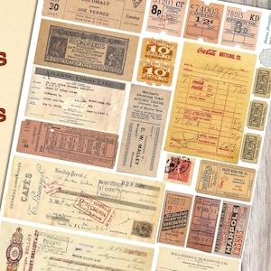 Vintage ephemera, neutral, ephemera, pack, printable, stamps, tickets, labels, checks, digital, invoices, junk journal, kit, vintage, bundle